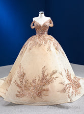 Champagne Ball Gown Tulle Sequins Beading Prom Dress